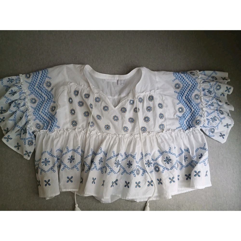 Pure Collection Top Small Embroidered Eyelet Peasant Cottage Boho Tasseled